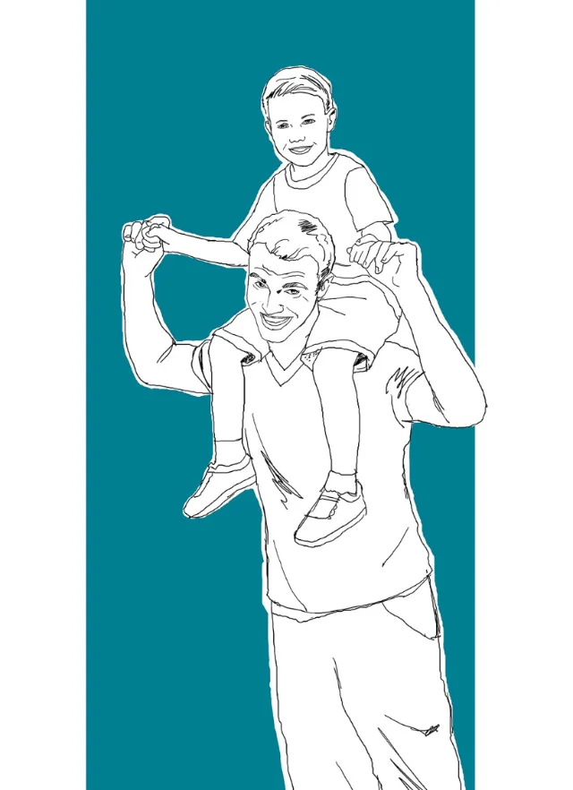 Line drawing of father carrying son on shoulders by Andreas Schickert