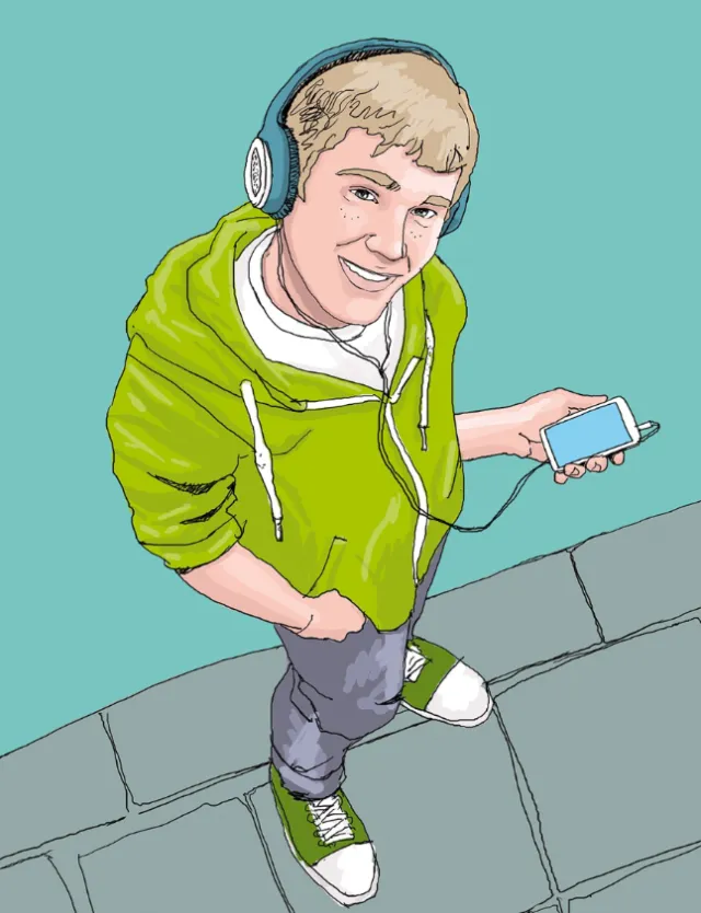 Illustration of young man in green hoodie listening to music with headphones by Andreas Schickert