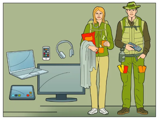 Illustration of laptop, phone, headphones, and two people with outdoor gear by Klaus Meinhardt