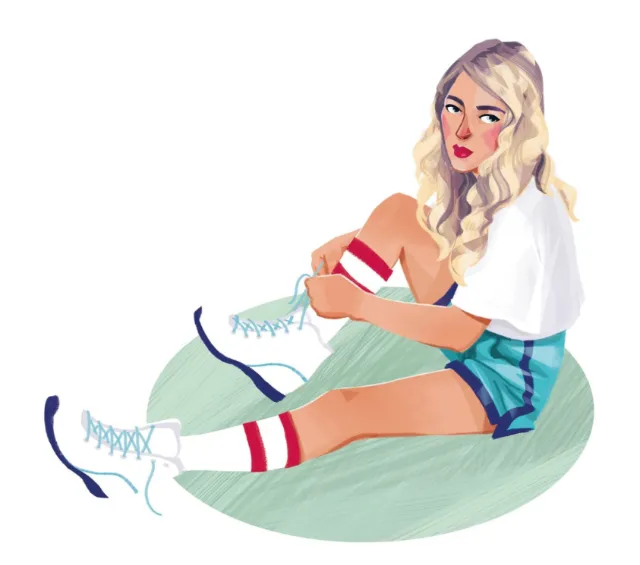 Illustration of a blonde woman sitting with striped socks and blue skirt by Katharina Madesta