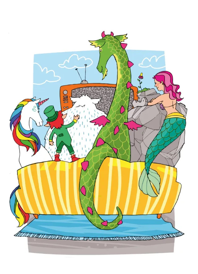Illustration of unicorn, elf, dragon, and mermaid watching static TV by Katharina Madesta