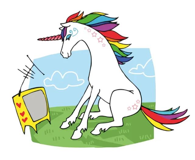 Unicorn with rainbow mane watching TV outdoors by Katharina Madesta