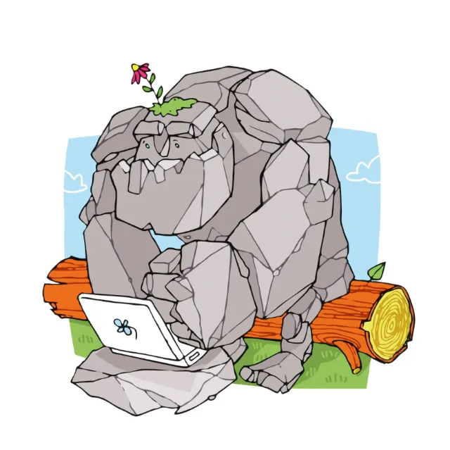 Illustration of a rock golem with a flower on its head using a laptop by Katharina Madesta