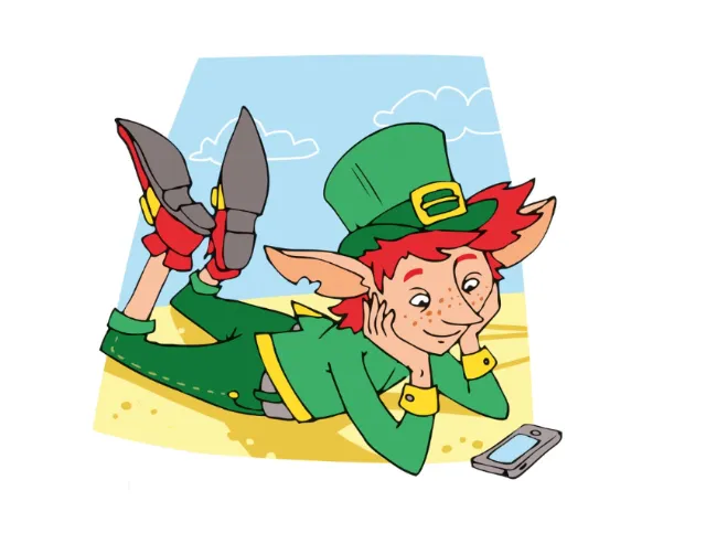 Cartoon leprechaun lying on beach looking at smartphone by Katharina Madesta