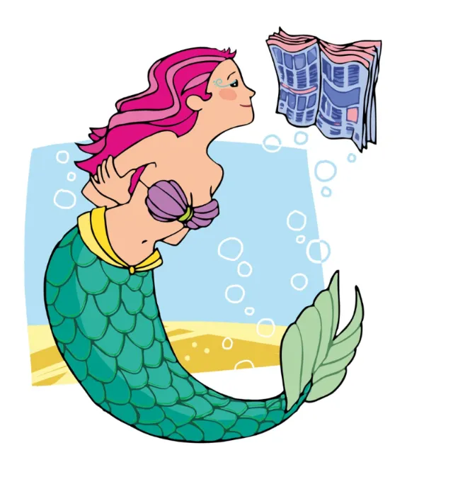 Mermaid with pink hair and green tail reading a newspaper underwater by Katharina Madesta