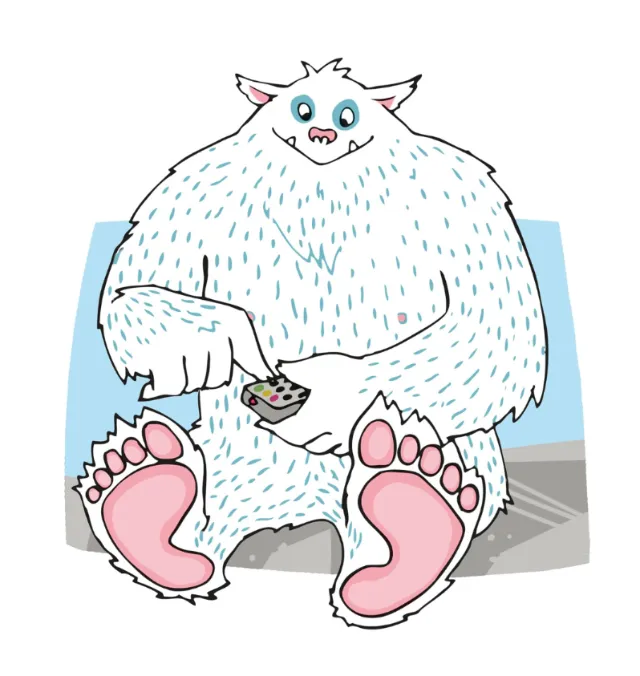 Cartoon white yeti holding remote control sitting on floor by TV by Katharina Madesta