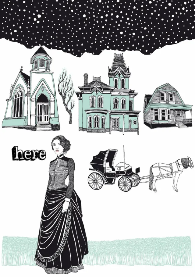 Vector architecture of buildings and woman