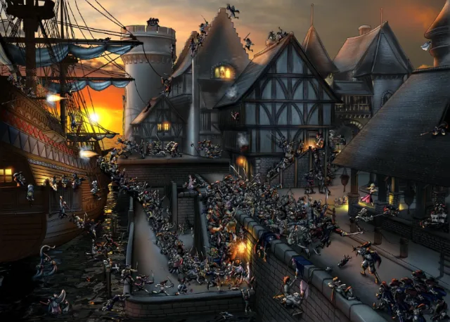 Medieval town harbor scene at sunset by Carsten Mell