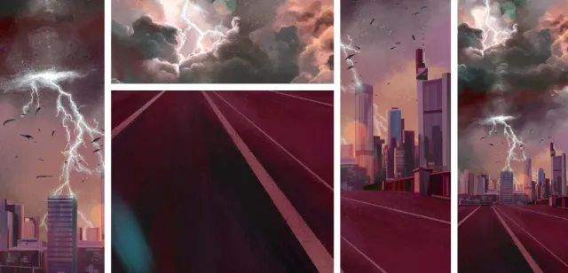 City skyline and lightning storm over tall buildings by POW!!!