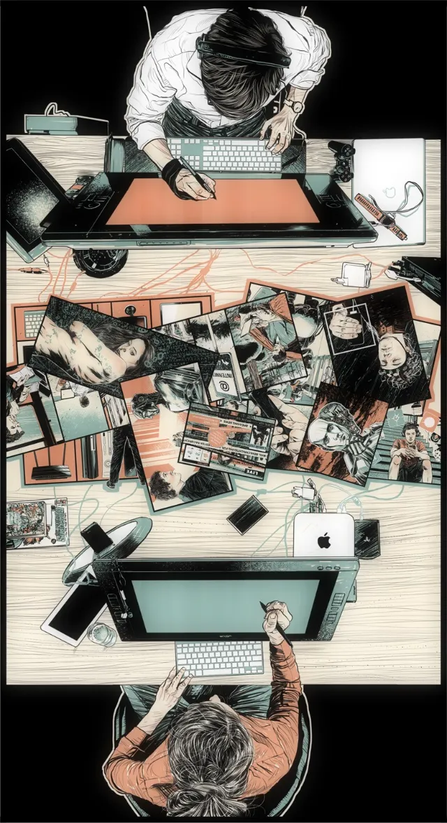 Illustration of two people at computers with papers and gadgets by POW!!!