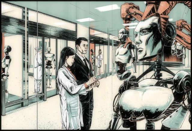 Scientists inspecting humanoid robots in a futuristic laboratory by POW!!!