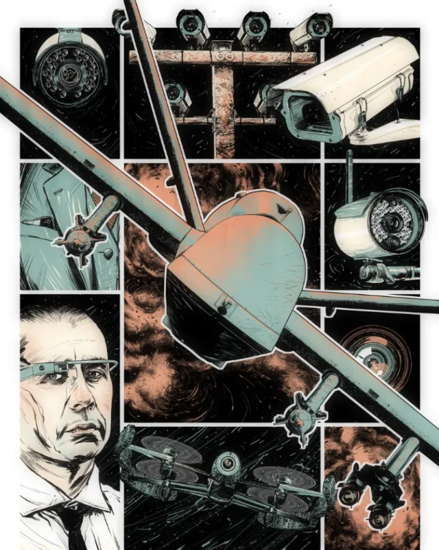 Surveillance drone with security cameras and man, by POW!!!