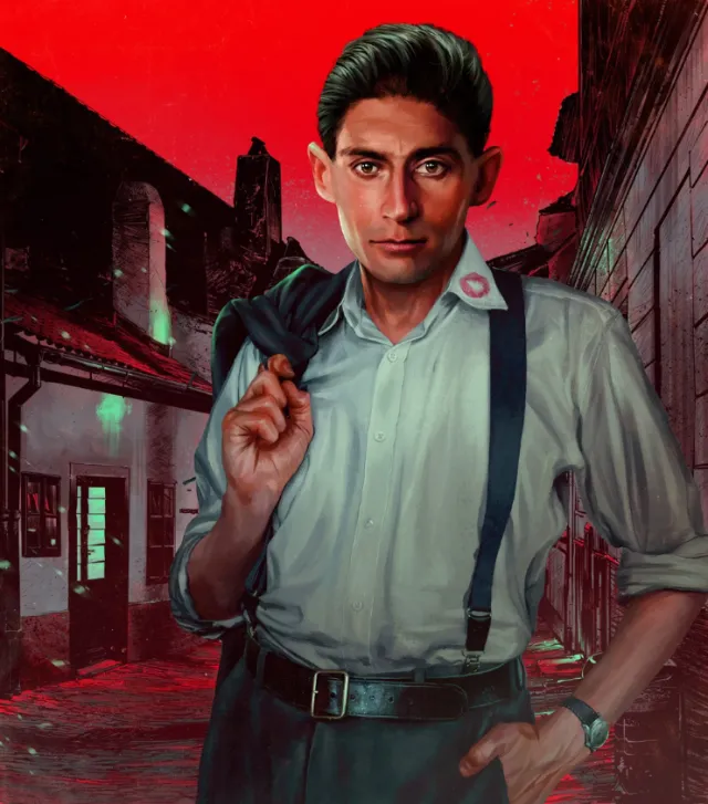 Portrait of man holding jacket on shoulder in red urban night setting by POW!!!