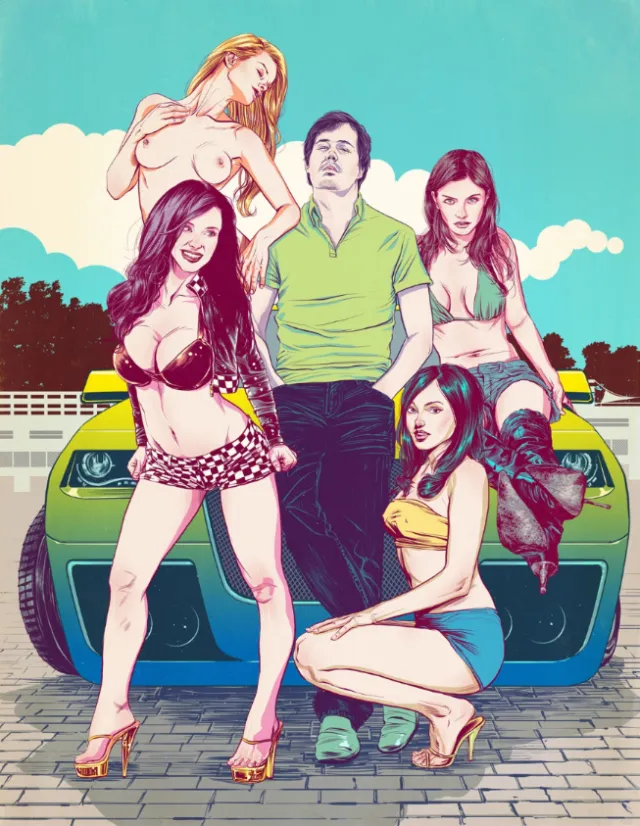 Man with four women in colorful outfits by green sports car by POW!!!