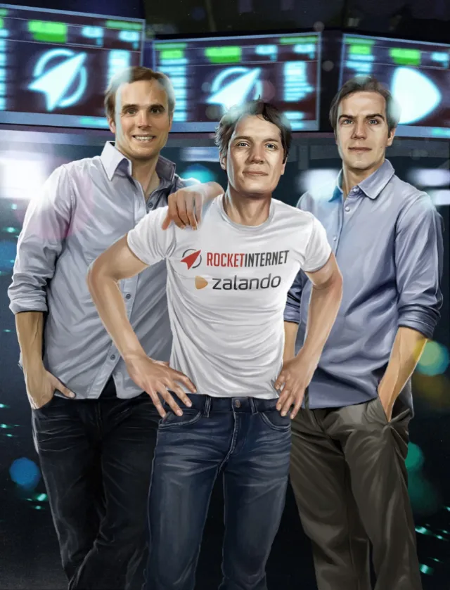 Three men posing indoors, one wearing Zalando T-shirt, digital background, by POW!!!