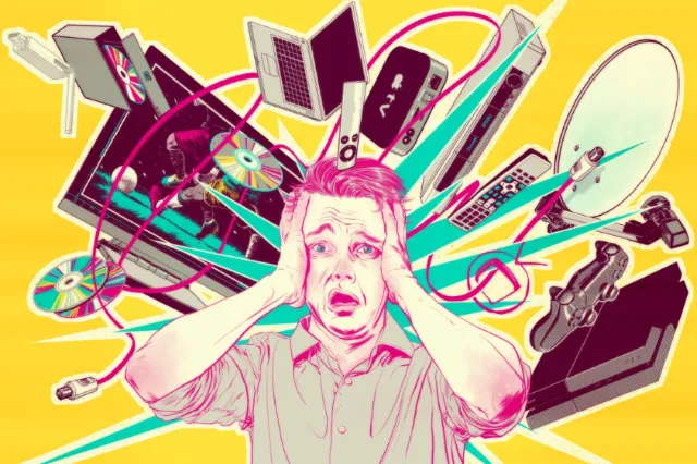 Stressed man holding head surrounded by flying electronic devices, artwork by POW!!!