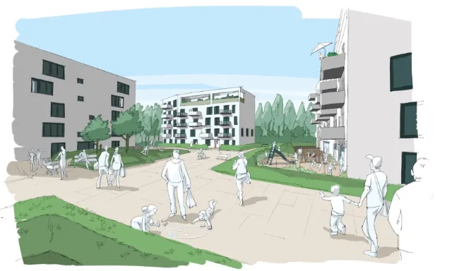 Residential housing complex with people and dogs, artwork by Björn von Schlippe