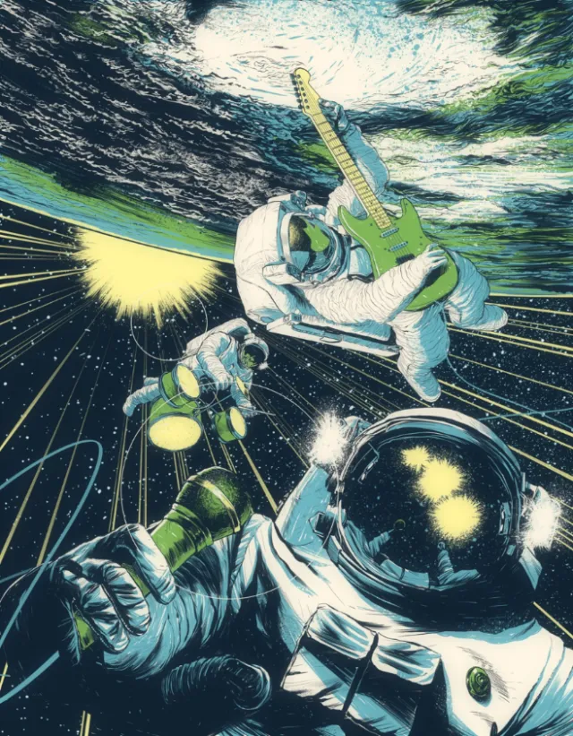 Astronauts in space playing electric guitars with Earth behind POW!!!