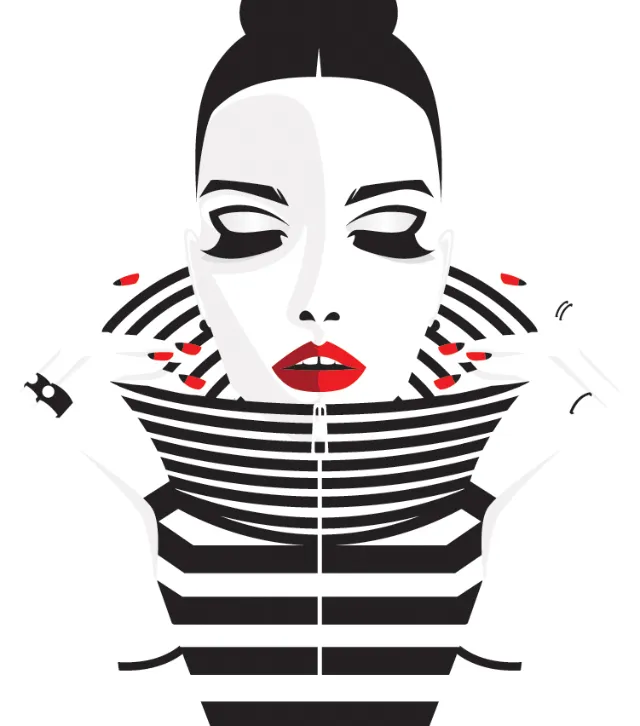 Minimalist woman with red lips and striped outfit by Yordanka Poleganova