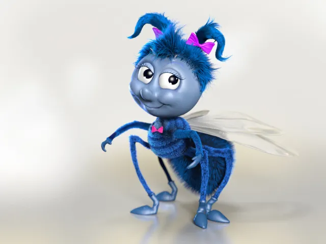 3D animated blue insect character with fluffy antennae by RIVE GAUCHE