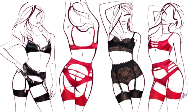 Lingerie fashion sketches by Yordanka Poleganova featuring four women in black and red lingerie
