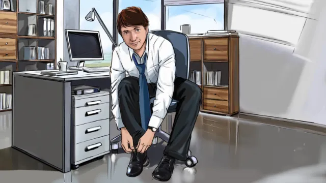Young man in the office and toeing the shoe