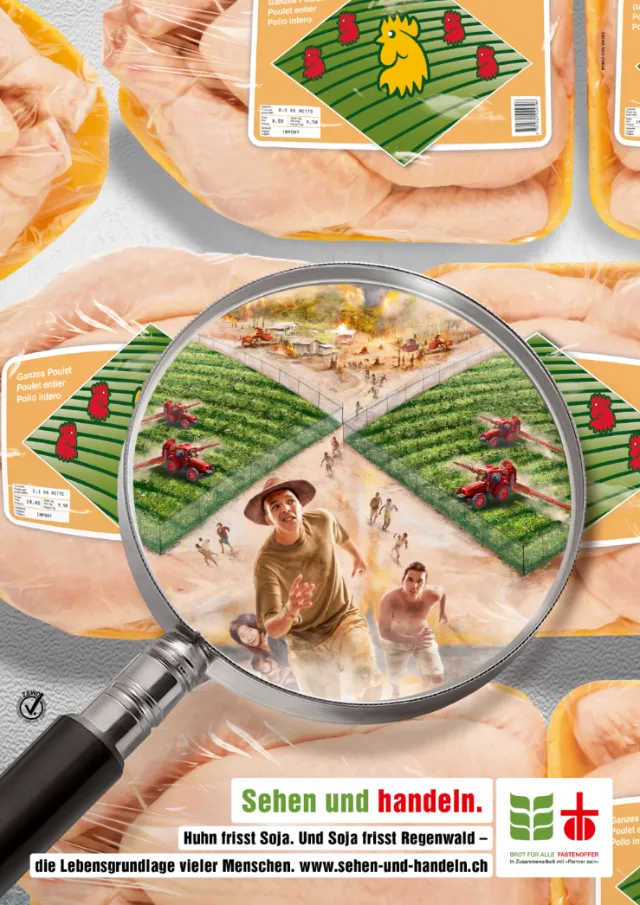 Magnifying glass revealing farmers working in fields on tofu package by Tom Krieger