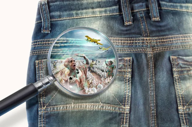 Magnifying glass showing dogs, cheetah, and airplane in jeans pocket by Tom Krieger