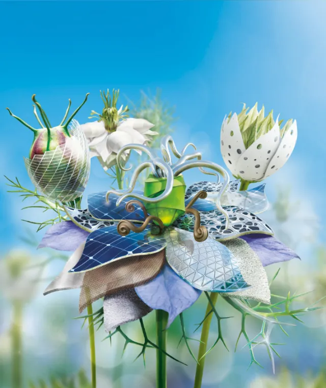 Futuristic flower sculpture blending organic and mechanical parts by Tom Krieger