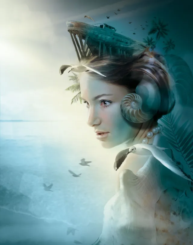 Surreal portrait of woman with submarine and sea shells by Tom Krieger