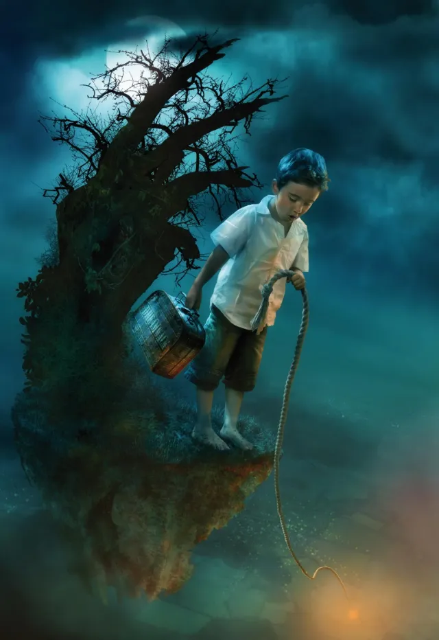 Boy fishing near twisted tree at night by Tom Krieger