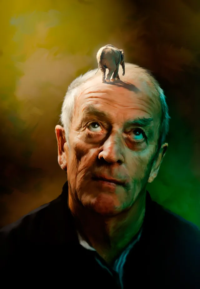 Elderly man with miniature elephant on his head artwork by Tom Krieger