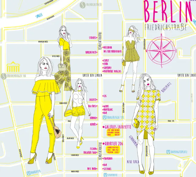 Fashion illustrations of women on a Berlin street map by Yordanka Poleganova