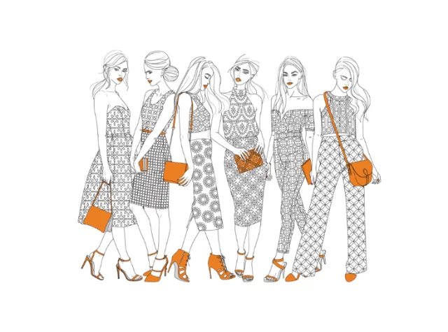Line art fashion illustration of six women with orange accessories by Yordanka Poleganova