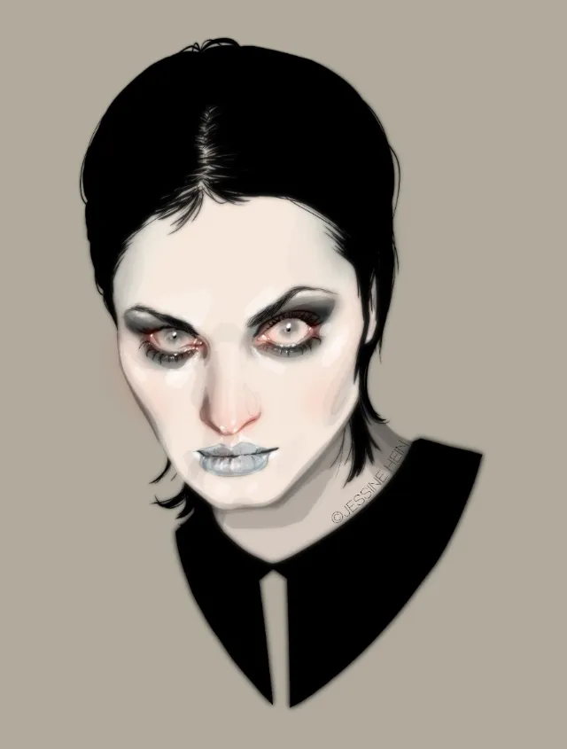 Digital portrait of pale woman with dark hair, makeup by Jessine Hein