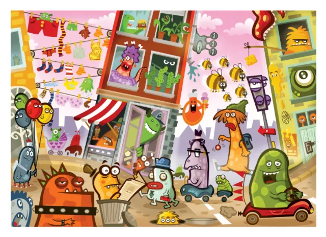 Cartoon monsters in a colorful city scene by Thies Schwarz