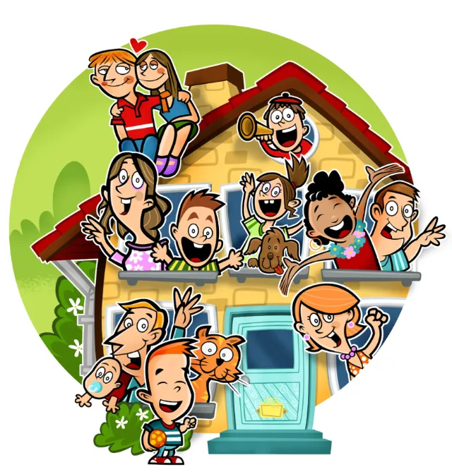 Cheerful cartoon family with pets in a colorful house by Thies Schwarz