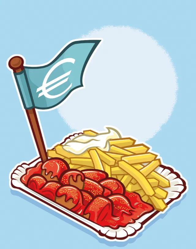 Illustration of currywurst with fries and blue euro flag by Thies Schwarz