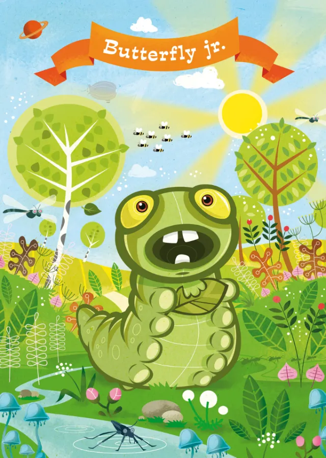 Happy green caterpillar in sunny meadow by Thies Schwarz