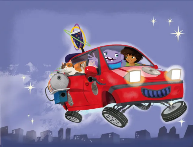 Flying red car with animated characters and city below by Thies Schwarz