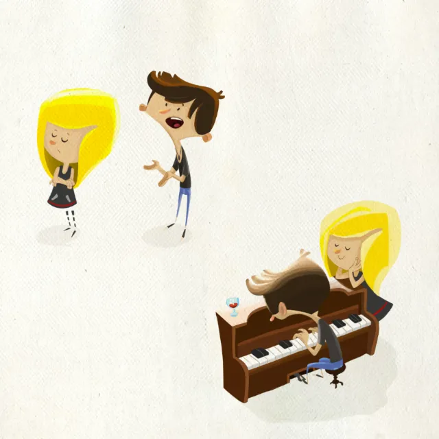 Illustration of people with piano