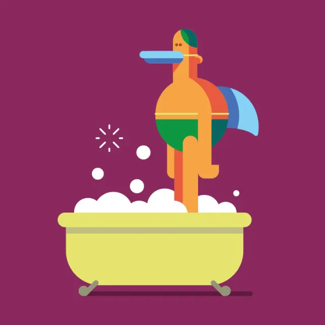 Graphic duck boy in bath tub