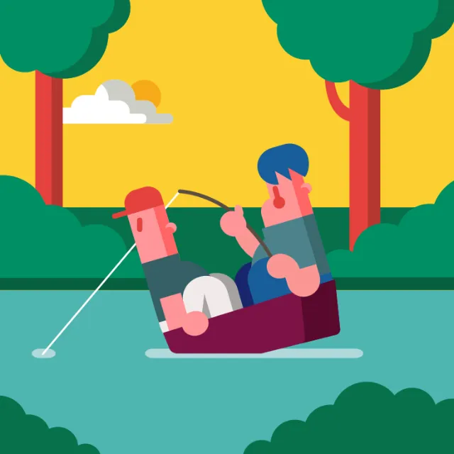 Graphic people fishing in small boat