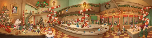 Festive bakery interior decorated with stockings and ornaments by Turine Tran