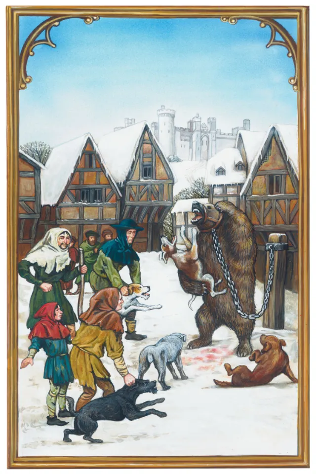 Medieval village with villagers and dancing bears in snow, artwork by Bob Venables