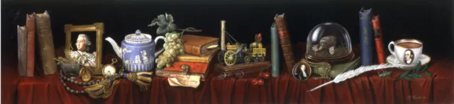 Still life with vintage books, teapot, pocket watch, keys, and cup by Bob Venables