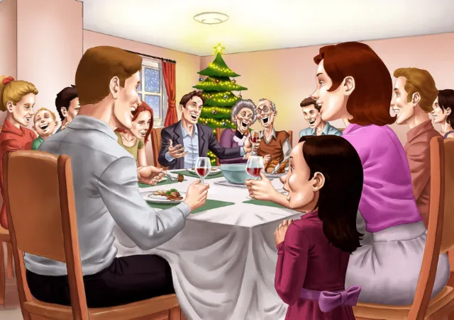 Family having talk over drink painting