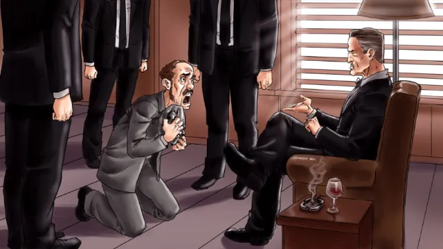 Comic scene of man begging to mafia