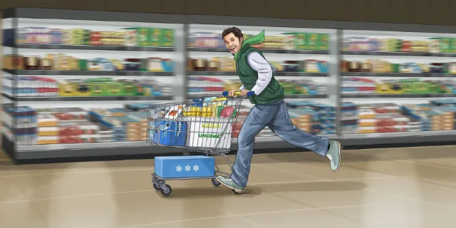 Man pushing shopping cart in supermarket aisle by Björn von Schlippe