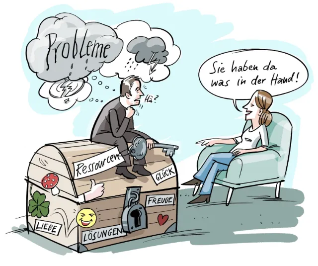 Illustration of person unlocking chest of resources by Björn von Schlippe